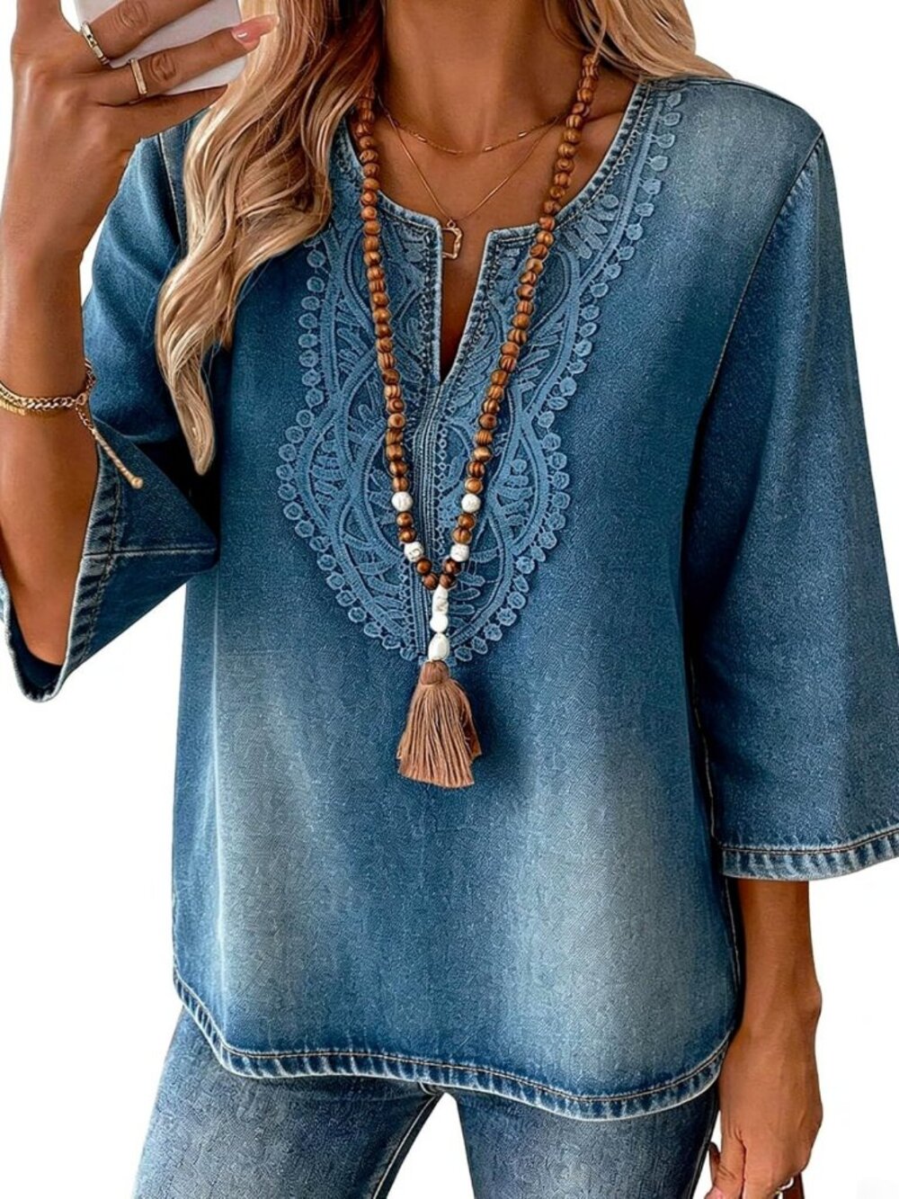 Chic Women's V-Neck Lace 3/4 Sleeve Denim Blouse - Loose Fit Top for Casual